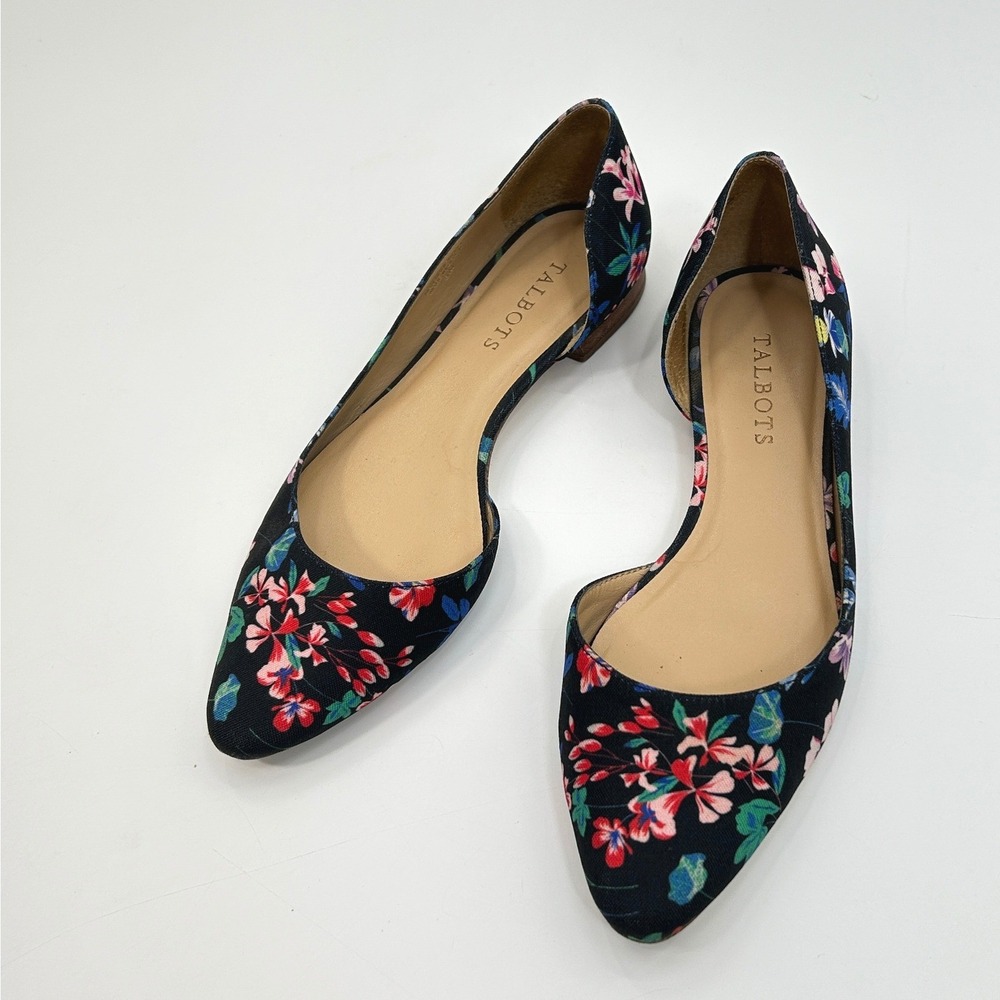 Talbots Floral D'Orsay Flats Black Pointed Toe Ballet Shoes Size 8 Elegant - Picture 3 of 9